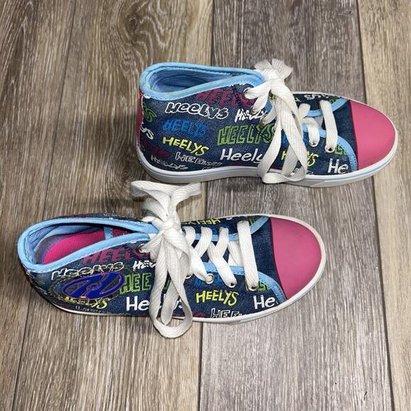 Heelys Veloz Girls Blue Denim Pink High Top Youth US Size 2 100908 Roller Shoes - Picture 2 of 11